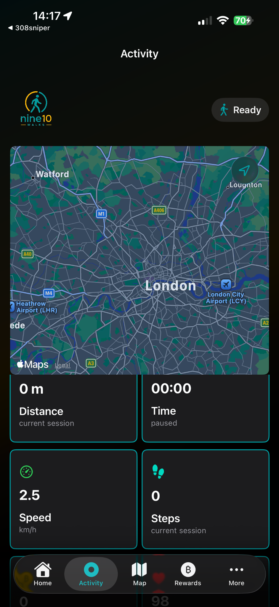 Activity screen with map and live walking stats