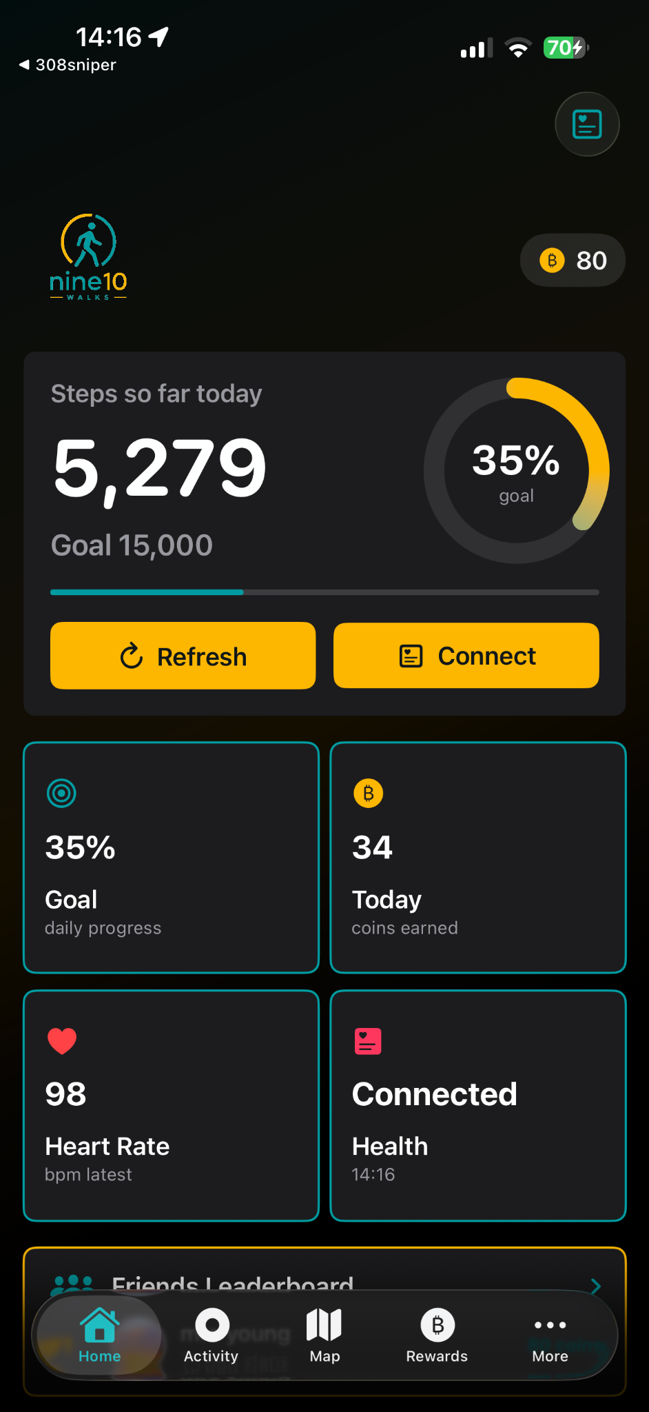Nine10 Walks home screen showing step progress and rewards